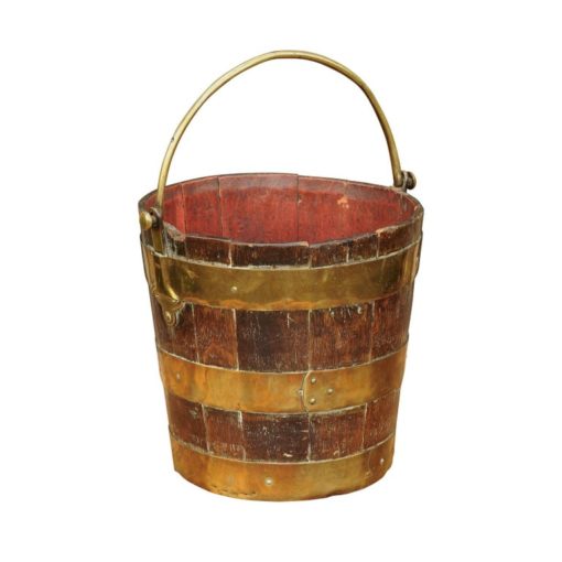 English Oak Bucket with Brass Handle and Horizontal Braces, circa 1880