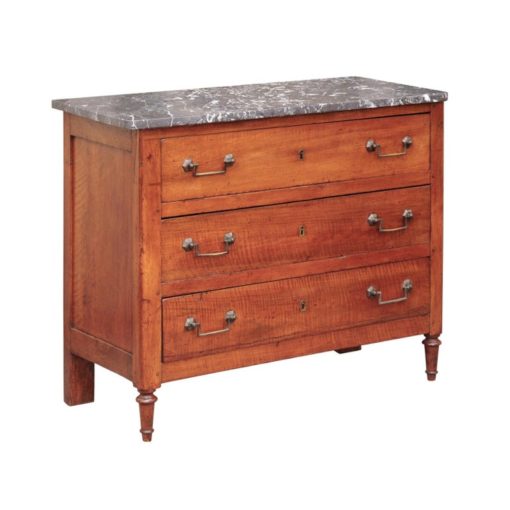 French Napoleon III Period Walnut Three-Drawer Commode with Grey Marble Top