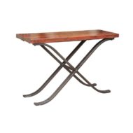 French Vintage 1950s Narrow Walnut and Iron Table with Curving X-Form Stretcher