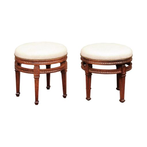 Pair of Italian Neoclassical Style Fruitwood Stools with Circular Side Stretcher