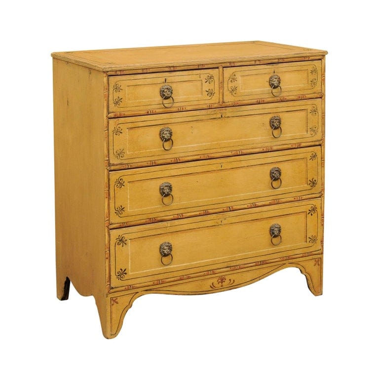 English Regency 1830s Five Drawer Goldenrod Painted Commode With