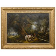 Large Oil Painting of Men with Horse and Dogs in Landscape, Turn of the Century