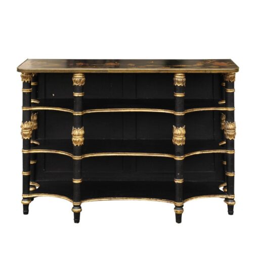 English Ebonized Three-Tiered Shelf with Chinoiserie Décor and Gilded Accents