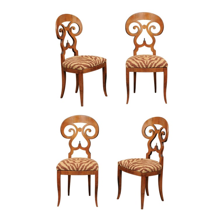Set Of Four Italian Walnut Dining Room Side Chairs With Animal Print Upholstery English Accent Antiques