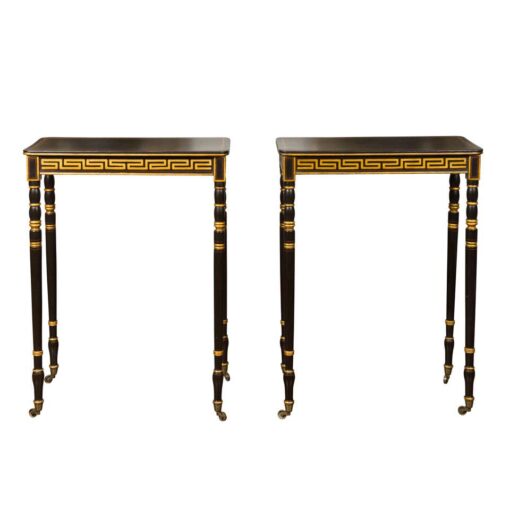 Pair of English Regency Period Ebonized Wood Console Tables with Gilt Greek Key