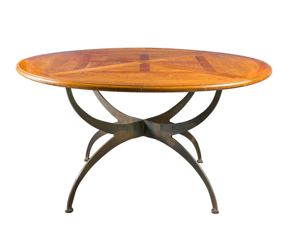 Circa 1900 And New Custom Iron Base, Round Dining Table With Iron Base