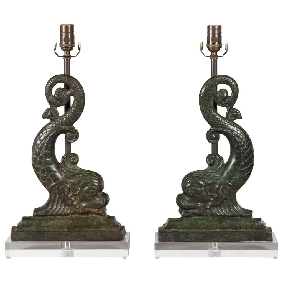 Pair Of French 1920s Baroque Style, Bronze Dolphin Table Lamp