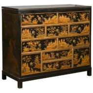 English 1820s Georgian Period Black and Gold Chinoiserie Chest with Stone Top