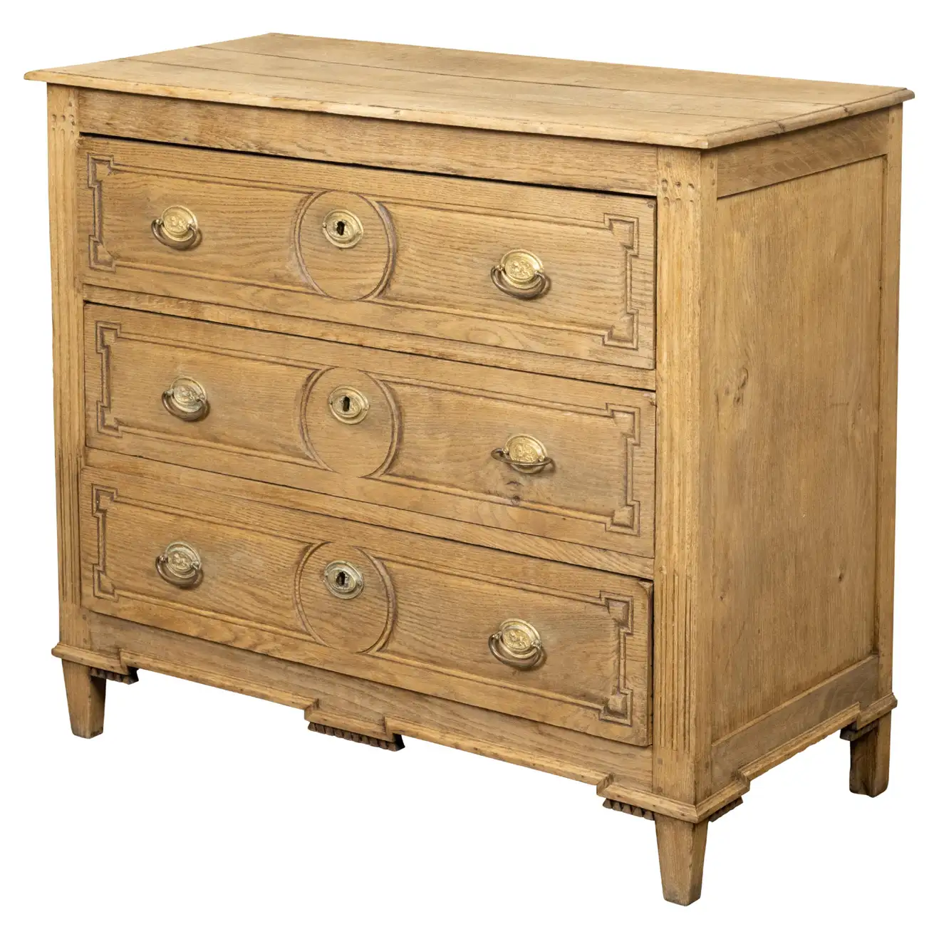 French Louis XVI Style Bleached Oak Three Drawer Chest with Carved Panels