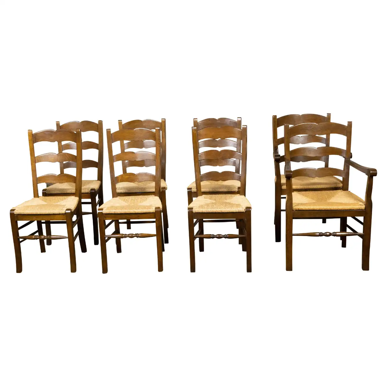 Set of Eight Turn of the Century Oak Ladderback Dining Chairs with Rush ...