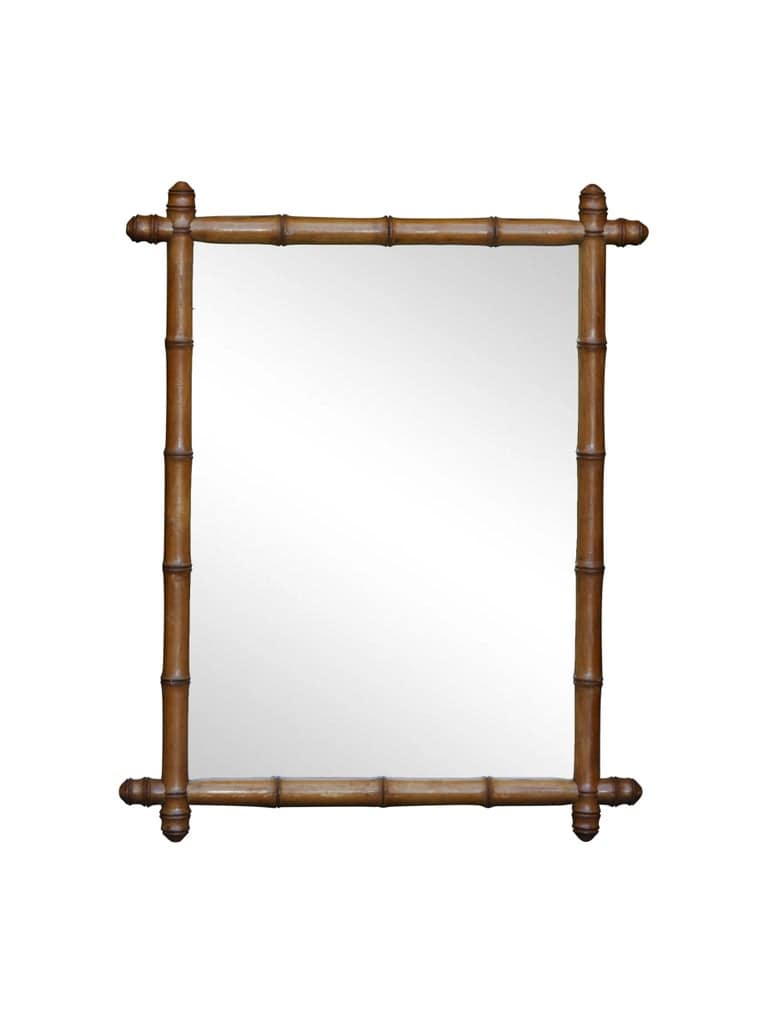 French 1920s Faux Bamboo Walnut Mirror with Protruding Corners and Brown Patina