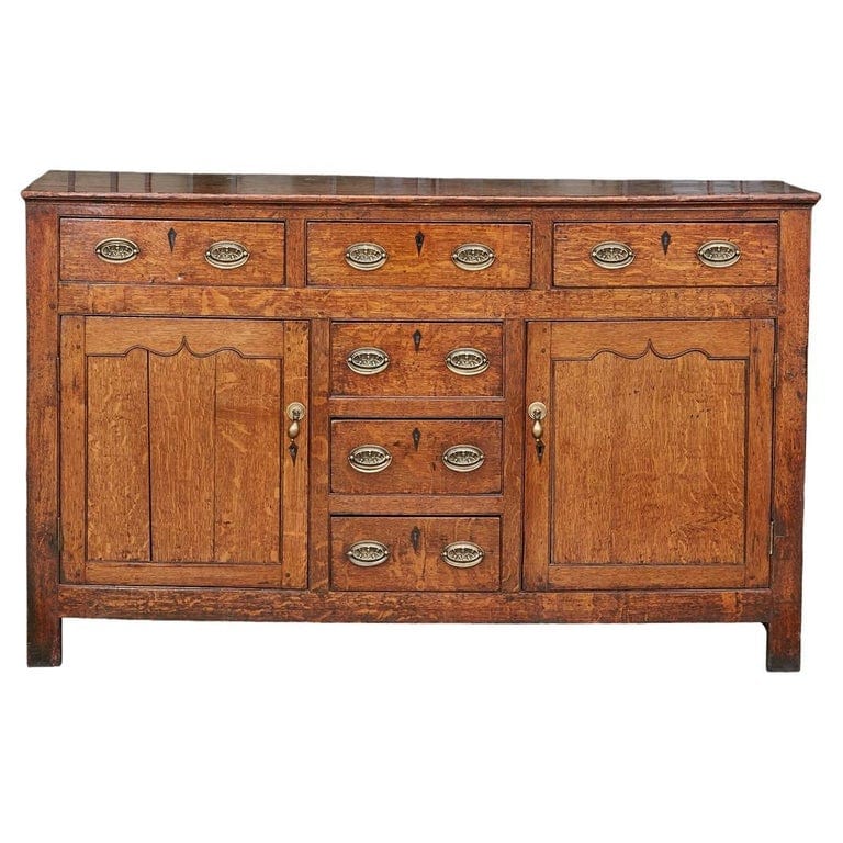 19th Century English Oak Buffet with Six Drawers, Two Doors and Brass