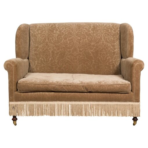 Vintage English Upholstered Loveseat with Out-Scrolling Arms and Casters