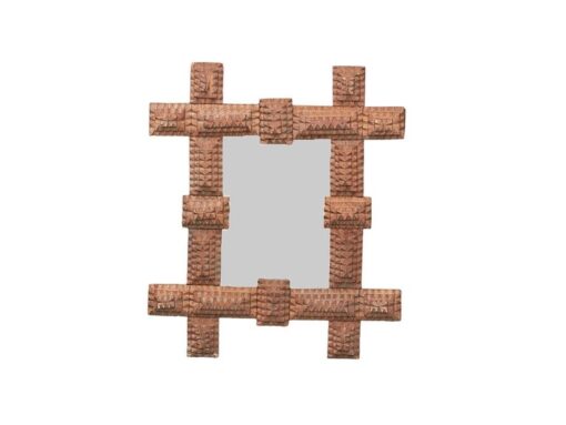Petite Turn of the Century French Brown Tramp Art Mirror with Protruding Corners