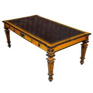 English 19th Century Oak Desk with Ebonized Accents and Gilded Greek Key Frieze