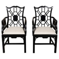 Pair of English Chinese Chippendale Style Black Lacquered Armchairs, circa 1950