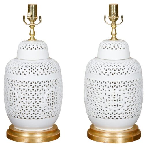 1920s White Porcelain Asian Vases with Geometric Décor Made into Table Lamps