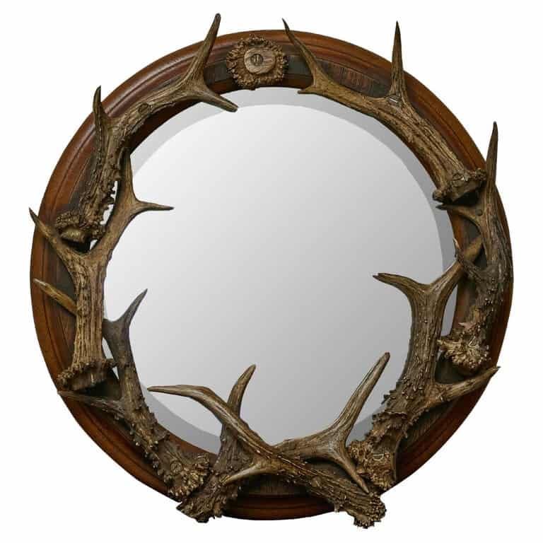 English Turn of the Century Antlers Circular Mirror on Wooden Frame, circa 1900
