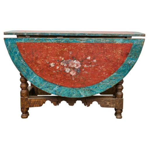 18th-Century Spanish Gateleg Table with Floral Polychrome Décor and Drop Leaves