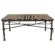 Eclectic Midcentury Zebra Hide Top Metal Coffee Table with Petite Gilt Tassels