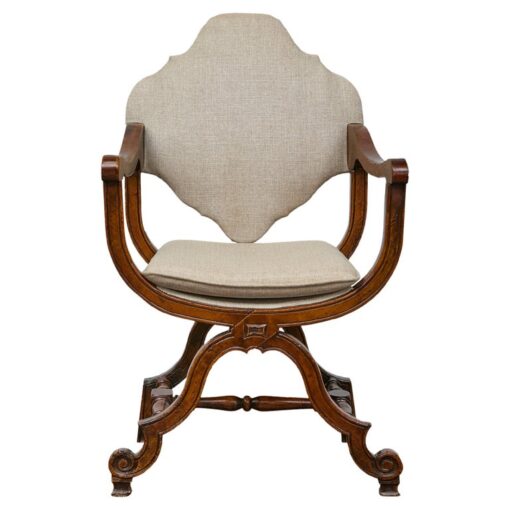 Italian 19th Century Walnut Curule Upholstered Armchair with Carved X-Form Base