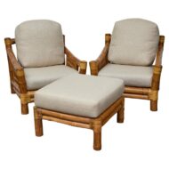 Midcentury Bamboo Lounge Chairs with Ottoman, Rattan Accents, and Linen Fabric