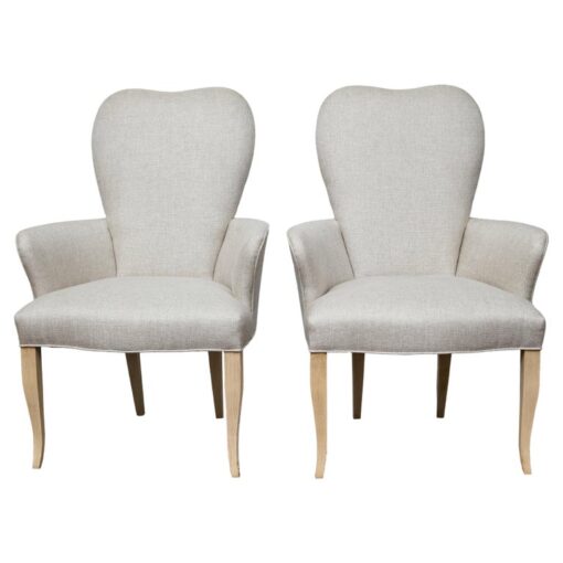Pair of French Midcentury Armchairs with Linen Upholstery, Curved Tapered Legs