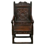 English Jacobean 1690s Oak High Back Armchair with Carved Décor and Turned Legs