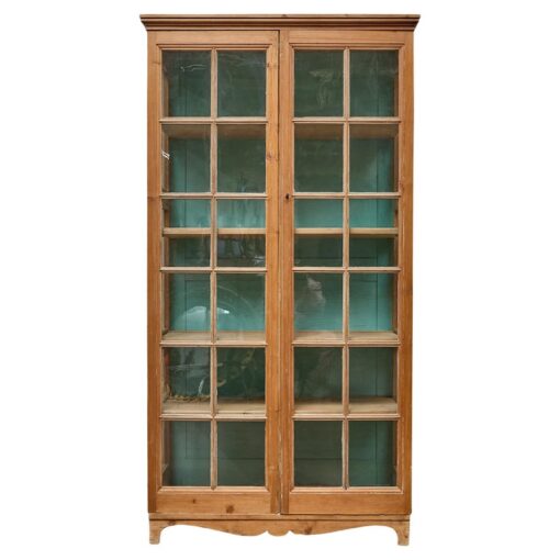 19th Century English Pine Glass Door Cabinet with Painted Interior
