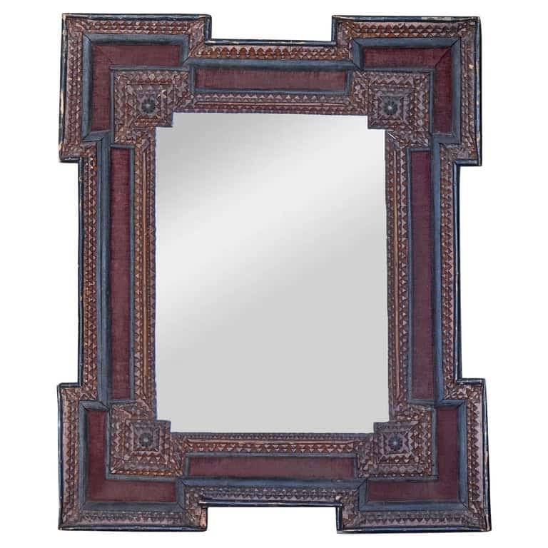 Antique French Tramp Art Mirror with Stepped Corners, circa 1900