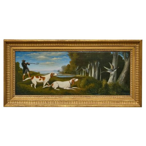 English Painting of Hunting Scene with Pointer Dogs and Sportsman in Landscape