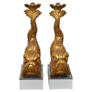Pair of Baroque Style Giltwood Dolphin Carvings on Lucite Bases, 19th century