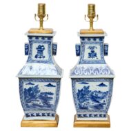 Pair of Blue and White Porcelain Table Lamps, Asian, circa 1920