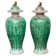 Pair of Famille Verte Lidded Vases with Butterflies and Lion Finials, circa 1920