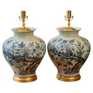 Pair of Blue and White Porcelain Vase Lamps with Floral Brushwork and Gilt Bases