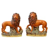 Pair of Staffordshire 1870s Pottery Lions with Rich Glaze and Expressive Mien