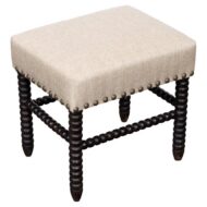 English Jacobean Style Oak Bobbin Stool with Linen Upholstery