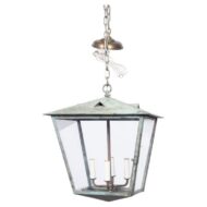 English Circa 1900 Verdigris Copper Four-Light Hanging Lantern with Tapered Form
