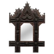 French 1900s Tramp Art Mirror with Architectural Crest and Chip-Carved Frame