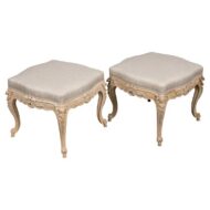 Pair of French 1900s Louis XV Style Painted Footstools with Linen Upholstery