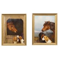 Pair of Colin Graeme Roe Horse and Dog Oil on Canvas Paintings in Gilt Frames